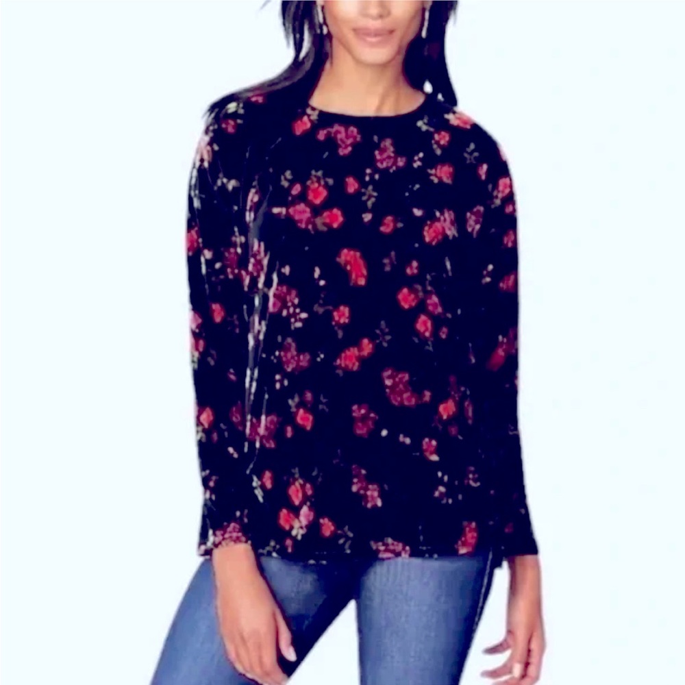 J Jill Black Velvet Stretch Floral Long Sleeve Pullover Blouse Size M Romantic